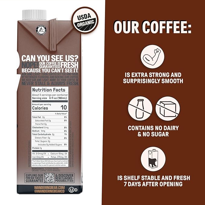 Wandering Bear Espresso Roast Organic Cold Brew Coffee, 32 fl oz, 3 pack - Extra Strong, Bold, Smooth, Unsweetened, Shelf-Stable, Ready to Drink, 100% Organic, Iced Cold Brewed Coffee Drinks