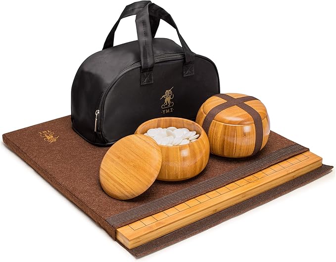 Yellow Mountain Imports Bamboo 0.8-Inch Reversible 19x19 / 13x13 Go Game Set Board with Single Convex Melamine Stones and Bamboo Wood Bowls Set - Classic Strategy Board Game (Baduk/Weiqi)