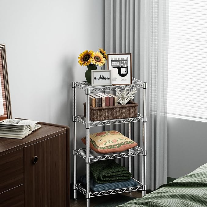 1000 lbs 4 Tier Shelf Metal Storage Shelves Wire Rack Closet Organizers with PP Board for Garage Kitchen Bathroom Laundry Chrome 11.8" D x 21.7" W x 39.5" H