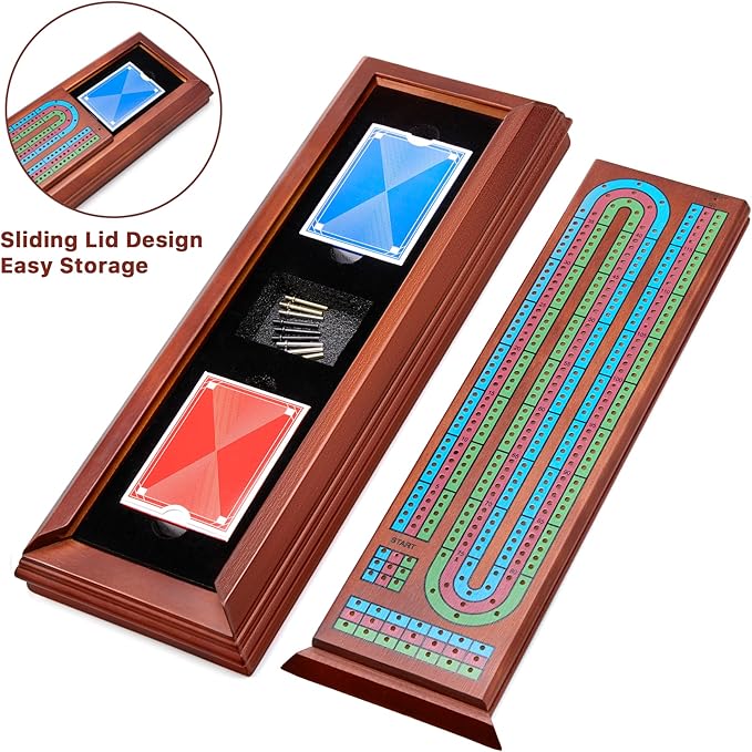 Wooden Cribbage Board Game Set with Large Storage Area,9 Metal Pegs & 2 Playing Cards Continuous Solid Wood 3 Track Board Travel Portable Cards Games for Adults Family