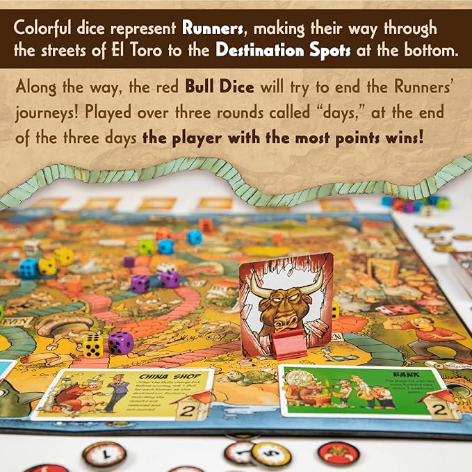 Calliope Games Running with the Bulls - Dice & Board Game - For Game Night - 2-6 Players