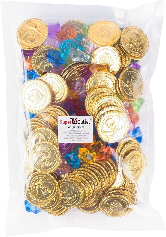 Super Z Outlet Pirate Plastic Gold Colored Coins Buried Treasure and Pirate Gems Jewelry Playset Activity Game Piece Pack Party Favor Decorations (120 Coins + 120 Gems)