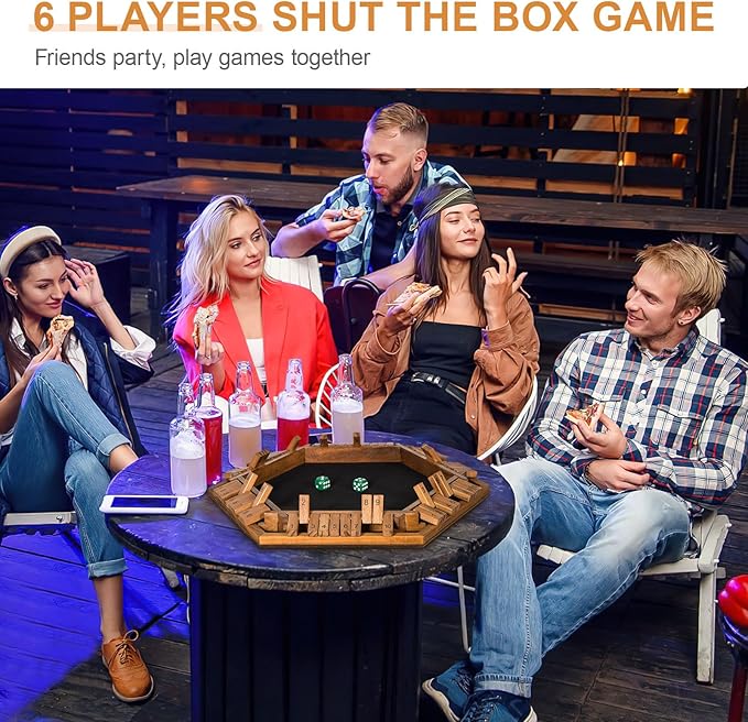 1-6 Players Shut The Box Dice Game, Wooden Board Table Math Game for Kids Adult with 24 Dice, Close The Box Game for Family, Party, Christmas, Birthday