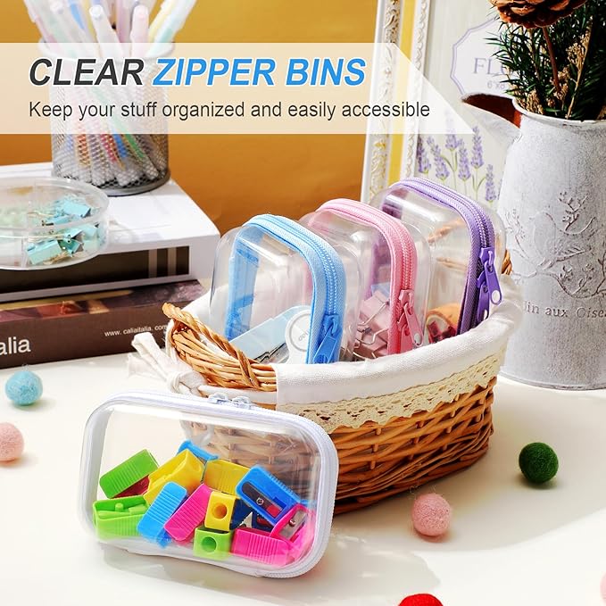 Hoolerry 4 Pcs Hard Clear Zipper Case Transparent Cases for Snacks Makeup Bag Plastic Storage Box Containers for Building Blocks, Puzzles, Cosmetics(Multicolor,5 x 3 x 2 in)