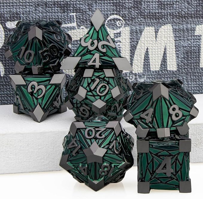 7PCS Metal DND Dice Set with Box, Debris RPG Green D and D Dice for use with D&D Tabletop Games Role Playing Game Polyhedral Dice Set D20 D12 D10 D8 D6 D4