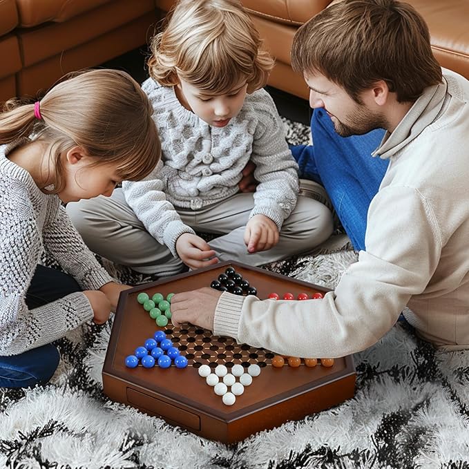 15" Large Upgraded Wooden Chinese Checkers Game Board โ Premium 16mm Glass Marbles (60 + 12 Extras), Easy Grip, Storage Drawer, Ideal Multi-Player Puzzle Game for 2-6 Players
