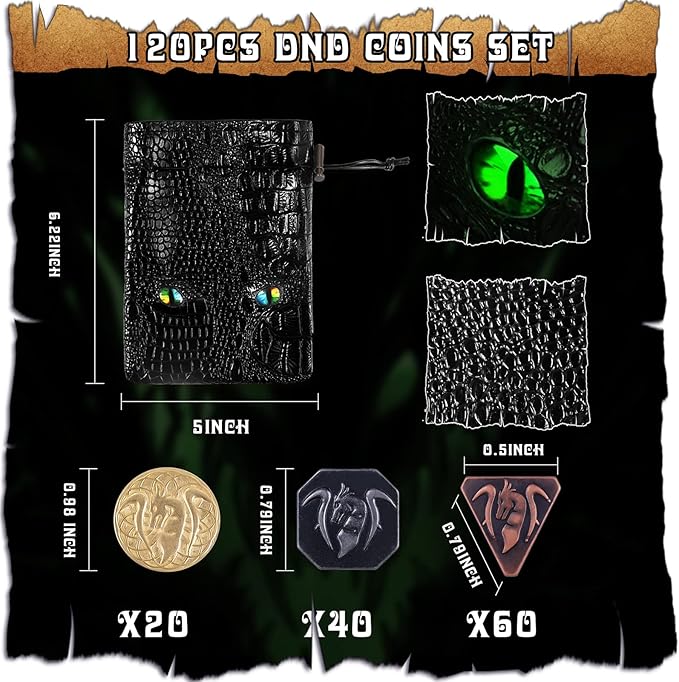 120PCS Metal, Silver & Copper DND Coins for DND Tokens, DND Accessories with PU Leather Bag as DND Gifts for DND Board Game Player, Fake Coins with Leather Bag of Colorful Eyes for Cosplay Board Game