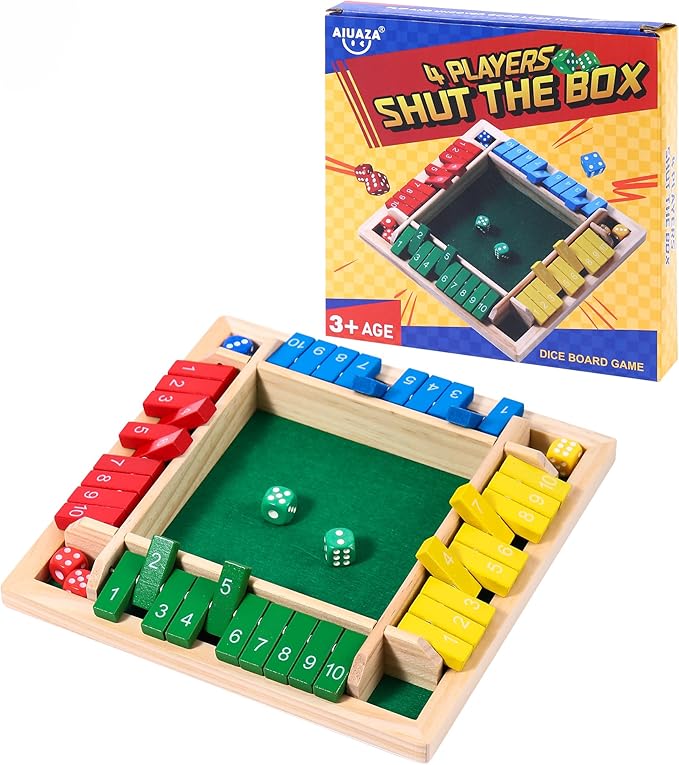 Dice Game Shut The Box Wooden Board Game,4 Sided Family Math Game for 2-4 Players,Educational Learning Interactive Game, Classics Tabletop Version Games for Classroom, Party, or Pub