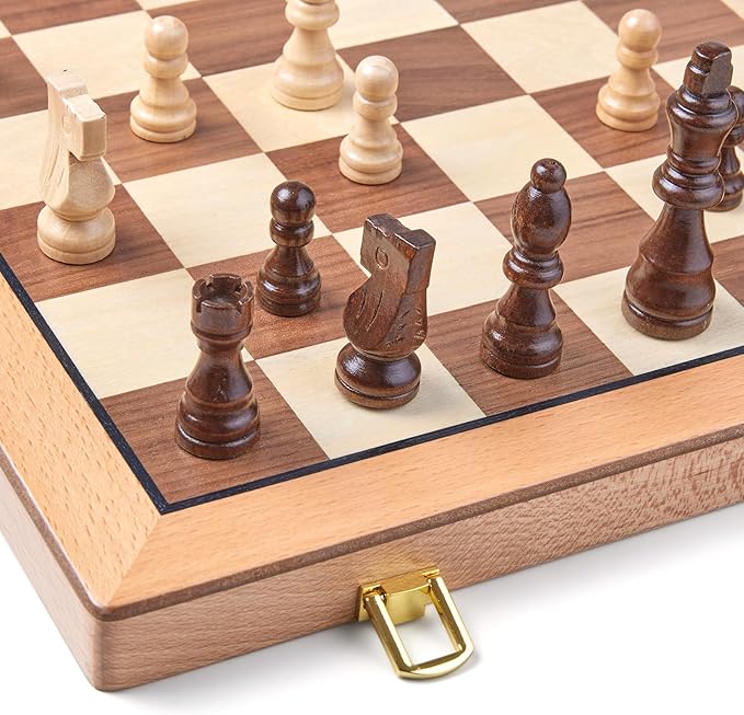 AMEROUS Magnetic Wooden Chess Set, 15 Inches Handmade Wooden Folding Travel Chess Board Game Sets with Chessmen Storage Slots for Kids and Adults, 2 Bonus Extra Queens, Gift Box Packed