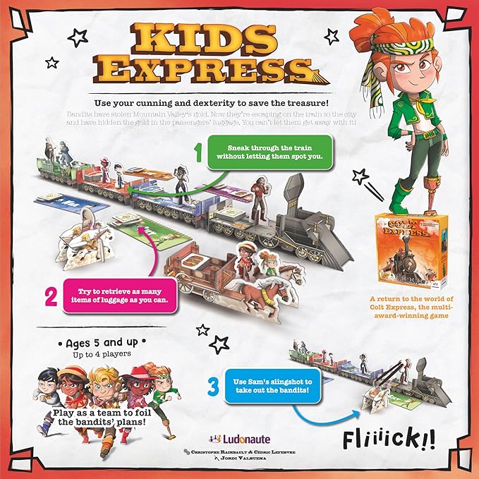 Ludonate: Kids Express - Cooperative Board Game, 3D Train, Flick Projectiles to Hit Bandits, Kids Version of Colt Express, Age 5+, 1-4 Players, 15 Min