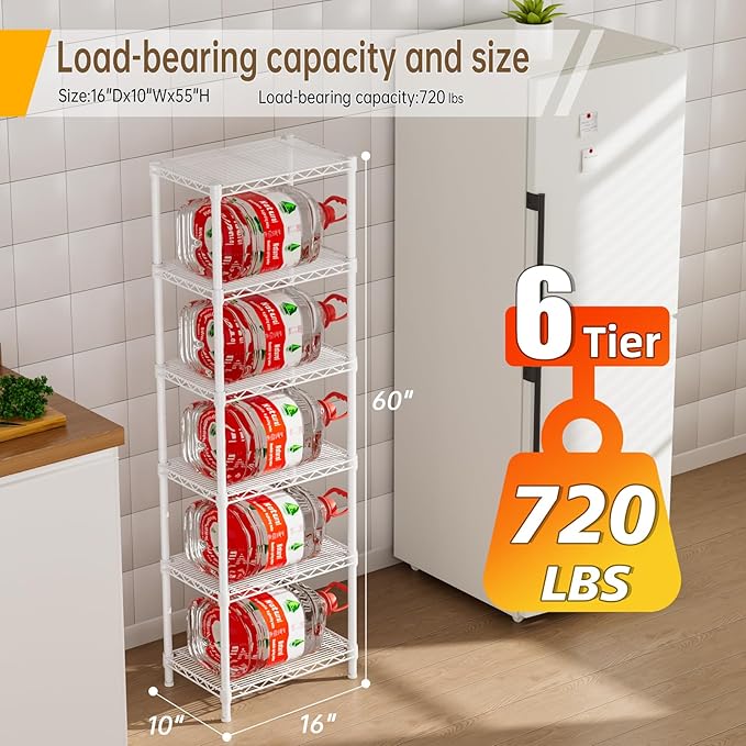 Small 6 tire Shelves Storage Wire Shelving Unit Metal Shelf Adjustable Organizers Storage Shelving for Bathroom Laundry Room Kitchen Pantry10”D x 16”W x 60”H White