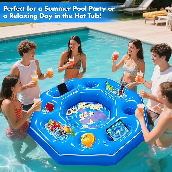 Octagonal Inflatable Game Table with Waterproof Playing Cards, Inflatable Pool Bar Games for Adults, Floating Portable Bar Table Tray for Hot Tub or Pool Beach Party