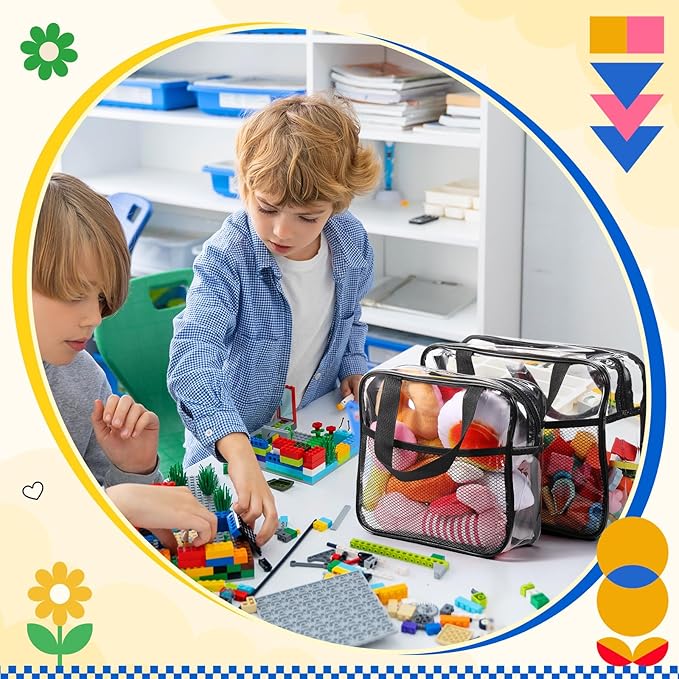 6 Pack Clear Toy Storage Bags with Zipper and Tags Reusable Waterproof Transparent PVC Toy Organizer Cases with Portable Handle for Building Blocks Puzzles Books(3 Large, 3 Medium)