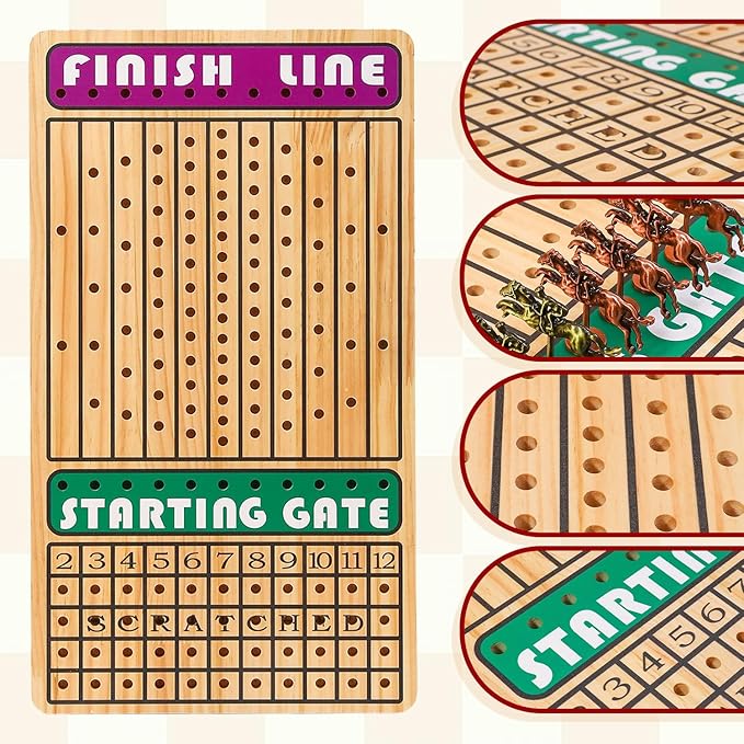 21 in Horse Race Board Game Racing Game Thickened Solid Wood with 11 Metal Horses, 2 Cards & 4 Dice, Horse Racing Game for 2-6 Players