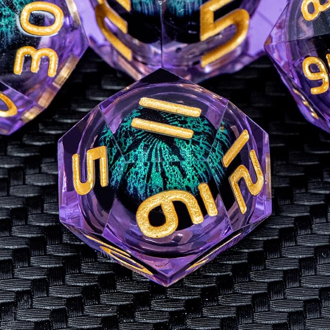 ARUOHHA Dragon Eye DND Dice, Purple Green Resin Sharp Edged Dice Set RPG Role Playing Game, Liquid Core Polyhedral D and D Dice Set D20 D12 D10 D8 D6 D4