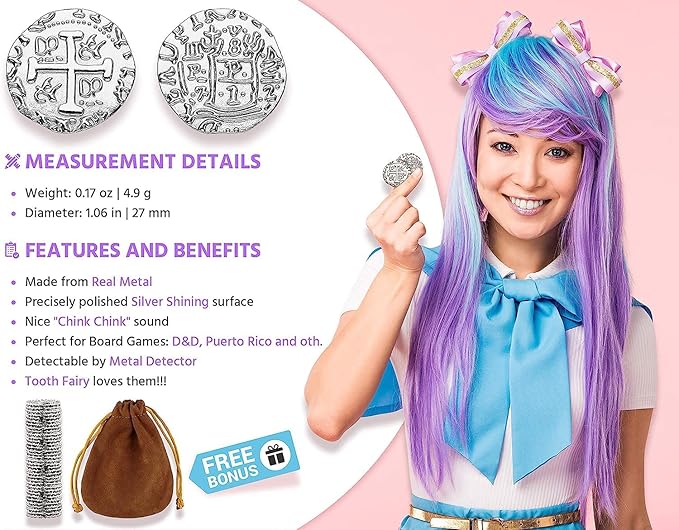 Large Silver Metal Pirate Coins - 35 Silver Treasure Coin Set, Metal Replica Spanish Doubloons for Board Games, Tokens, Toys, Cosplay - Realistic Money Imitation, Pirate Treasure Chest - Size: 1.06"