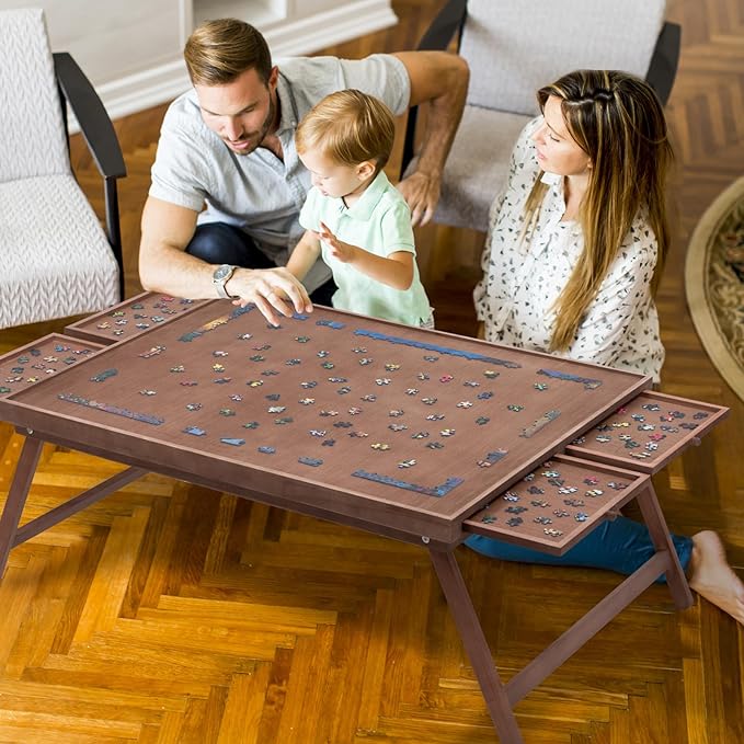 TEAKMAMA 1500 Piece Wooden Jigsaw Puzzle Board with 4 Drawers, Folding Puzzle Table with Protective Cover, Jigsaw Board with Legs, Multifunctional Game Table for Adults, 34W x 26.3D, Chocolate Brown