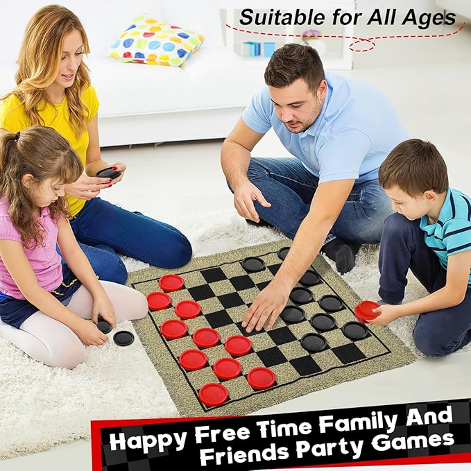 Giant Checkers Game Set - 3-in-1 Reversible Carpet for Kids & Adults - Oversized Indoor/Outdoor Mat for Family Fun & Parties