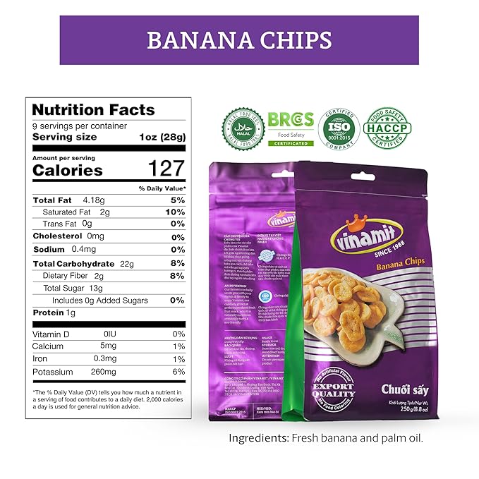 Vinamit Dried Banana Chips | Unsweetened Banana Chips | 8.8 oz Bag | Naturally Sweet, Non-GMO, Gluten-Free & No Added Sugar | Rich in Potassium | Ideal for Travel, Healthy Snacking