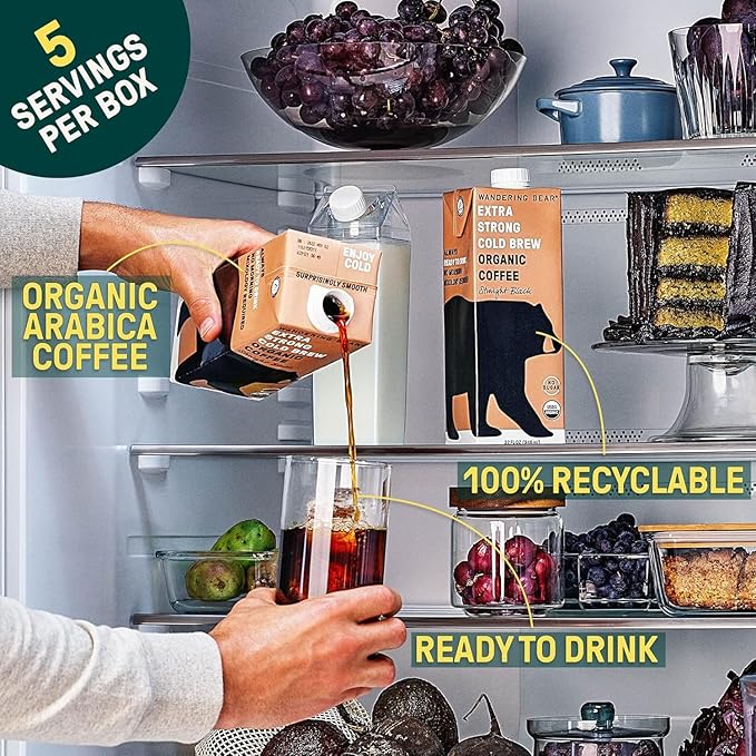 Wandering Bear Espresso Roast Organic Cold Brew Coffee, 32 fl oz, 3 pack - Extra Strong, Bold, Smooth, Unsweetened, Shelf-Stable, Ready to Drink, 100% Organic, Iced Cold Brewed Coffee Drinks