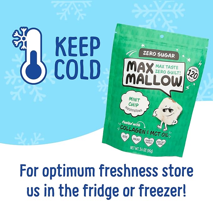 Max Mallow Sugar Free Marshmallows - Keto Friendly, Perfect for S'mores, Hot Chocolate, and Baking with Zero Sugar Snacks, Smores Mct Oil Zero Sugar Marshmellow Marshmallow Mint Chip, 6 Pack
