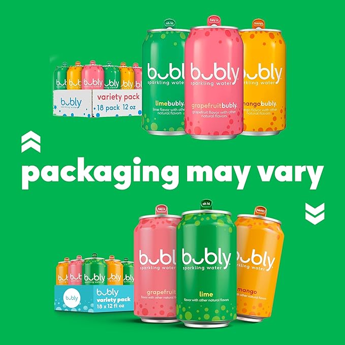 bubly Sparkling Water, 3 Flavor Variety Pack (Bellini, Strawberry Sunset, Coconut Pineapple), Zero Sugar & Zero Calories, 12 Fl Oz Cans (Pack of 18)
