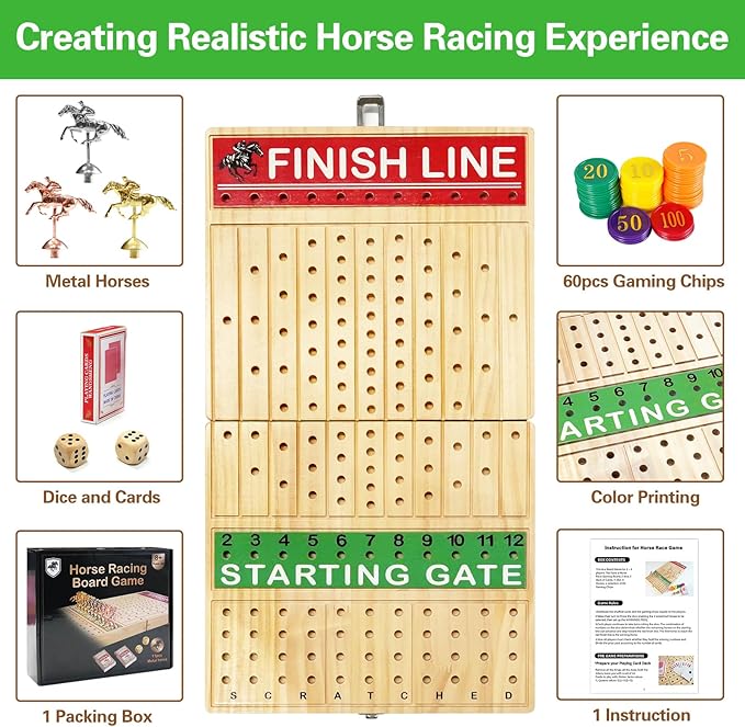 FUNNYB&G 21 inches Horse Race Board Game Foldable Large Horse Racing Game for Adults with 11 Metal Horses, Solid Wood 60 Pcs Poker Chips 2 Dice 1 Pack of Cards for Family Tabletop Parties(Log)