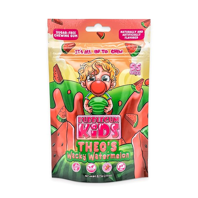 Bubblegum Kids Sugar Free Gum - For Kids and Adults - Vegan Friendly - Retro, Parent Approved Bubble Gum with Burst of Sweet Flavor - Theo's Wacky Watermelon (Watermelon Flavor)