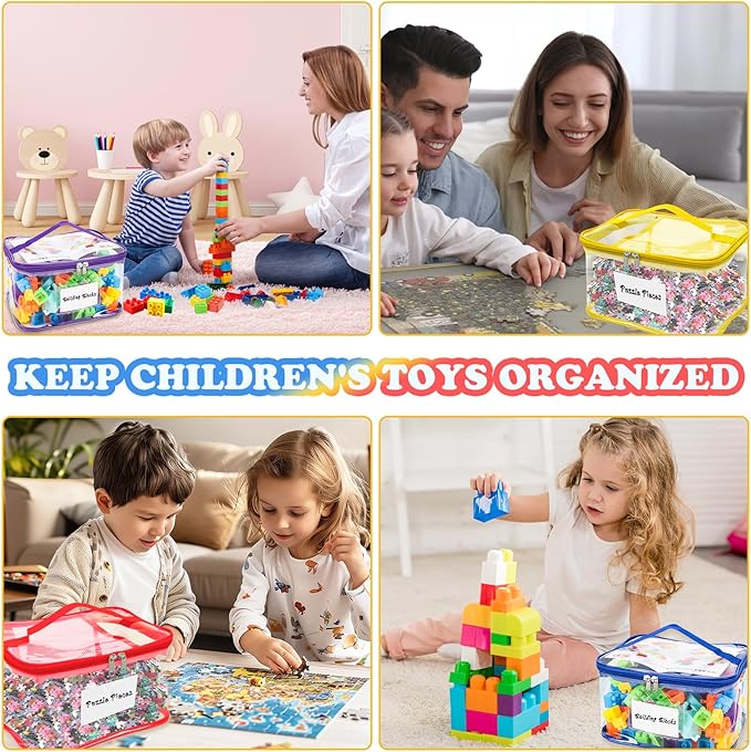 AOBOPLE 6 Pack Clear Toy Storage Bag with Name Tag & Manual Pocket, PVC Clear Toy Organizer Bags with Labels for Lego Bricks, Board Games, Building Blocks, Puzzles