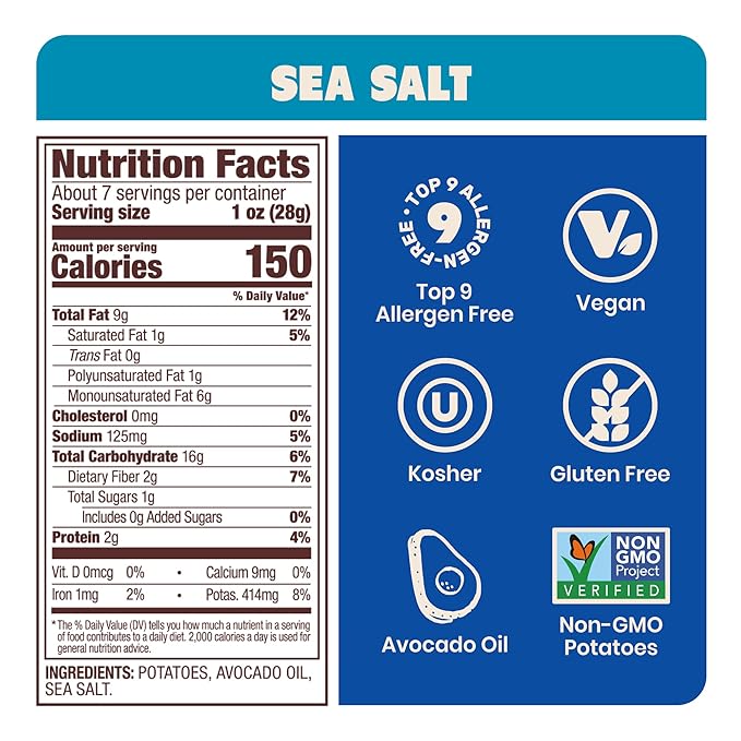 Jackson’s Potato Classic Kettle Chips with Sea Salt (7oz, Pack of 6) - Made with Premium Avocado Oil - Allergen-friendly, Gluten Free, Peanut Free, Vegan, Kosher - Shark Tank Product