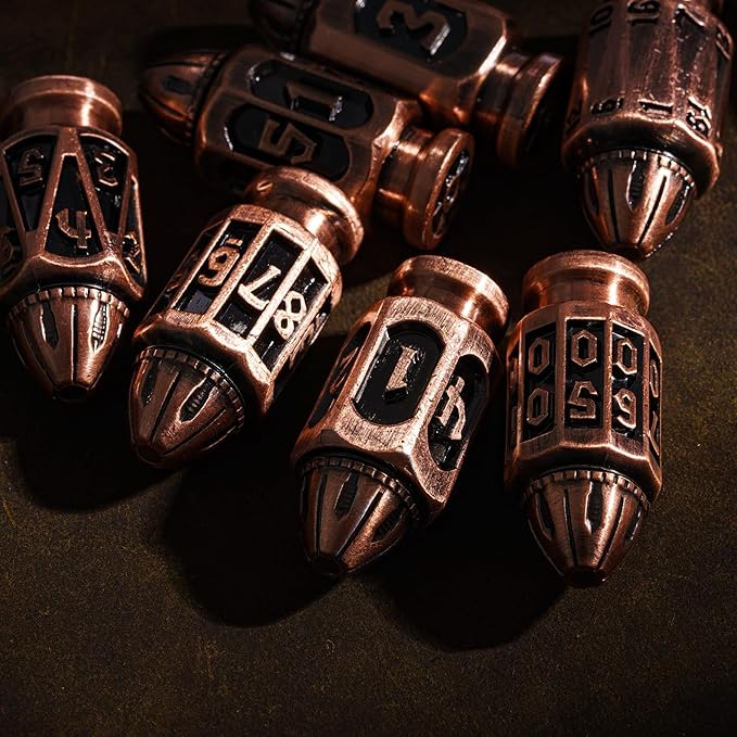 UDIXI Metal DND Bullet Dice Set with Metal Container, 7-Die Polyhedral Dice Set Cyberpunk Style for D&D, Role Playing Game or Other Tabletop Games(Ancient Copper)