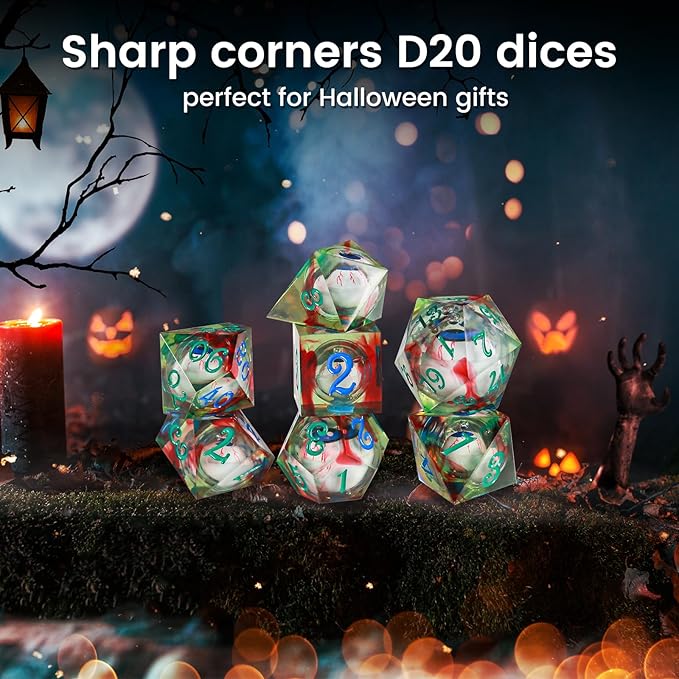 Evil Eye Dices OriCraft Moving Eyes Dice DND Dice Set with Moving Eye Inside Dungeons and Dragons Polyhedral Role Playing Gaming Dices D20 Dice 7 Set Halloween Dices Green