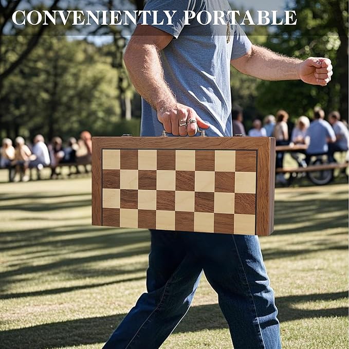 16.5" Large Wooden Chess Set with Weighted Acrylic Chess Pieces,Folding Chess Board Games with Handle 3.5" King Portable Classic Game for Adults and Kids
