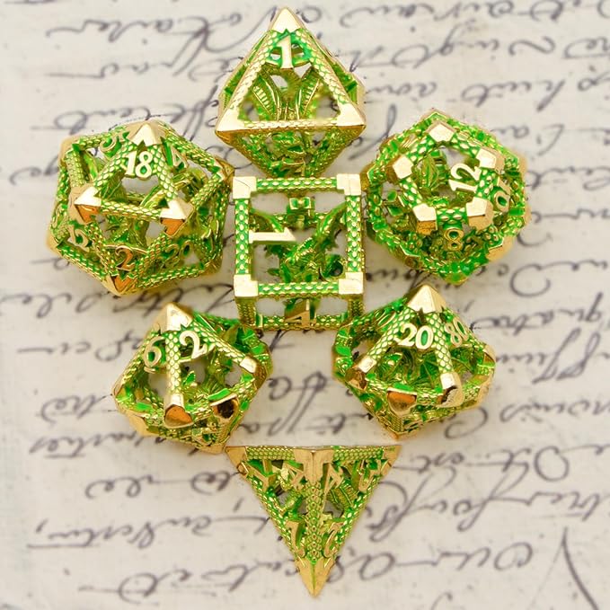 DND Dice,HNCCESG Metal D&D Dice of 7pc,Dungeons and Dragons Dice Set Polyhedral Dice Role Playing Dice Set Hollow Dice Gaming D D Gift for Table Game RPG Shadowrun (Gilt Green)