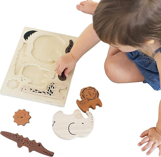 Wee Gallery Wooden Tray Puzzle Safari Animals, Montessori Toy for Toddlers and Preschoolers for Early Learning and Fine Motor Skill Development, Sustainable Educational Puzzle for Kids