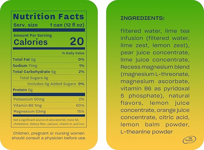 Recess Mood Magnesium & Adaptogen Drink, Relaxation Beverage, 12 ounce (Lime Citrus, 12 pack)