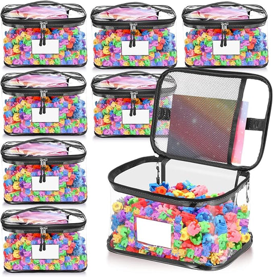 Aliceset 8 Pack 13.5 inch Extra Large Clear Toy Storage Bag with Name Tag Pocket Reusable Clear PVC Board Game Storage Travel Waterproof Bags with Zipper for Building Blocks Puzzle Books