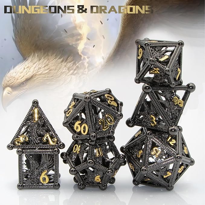 DND Dice Eagle Design of 7Piece,Metal DND for Dungeons and Dragons D&D Dice for RPG Role Playing(Black)