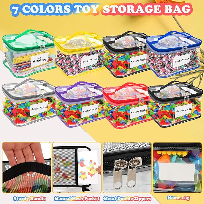 AOBOPLE 8 Pack Clear Toy Storage Bag with Name Tag & Manual Pocket, PVC Clear Toy Organizer Bags with Labels for Lego Bricks, Board Games, Building Blocks, Puzzles