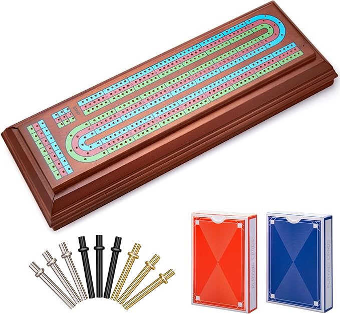 Wooden Cribbage Board Game Set with Large Storage Area,9 Metal Pegs & 2 Playing Cards Continuous Solid Wood 3 Track Board Travel Portable Cards Games for Adults Family