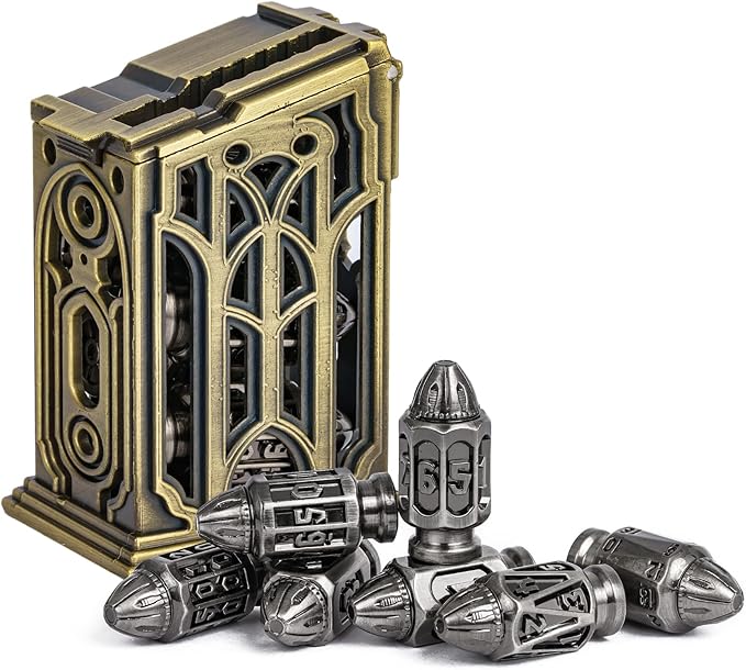 UDIXI Metal DND Dice Set, 7-Die Solid Polyhedral Bullet Metal Dice Set D&D with Unique Container for Role Playing Game or Other Tabletop Games(Ancient Silver)