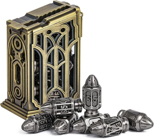 UDIXI Metal DND Dice Set, 7-Die Solid Polyhedral Bullet Metal Dice Set D&D with Unique Container for Role Playing Game or Other Tabletop Games(Ancient Silver)