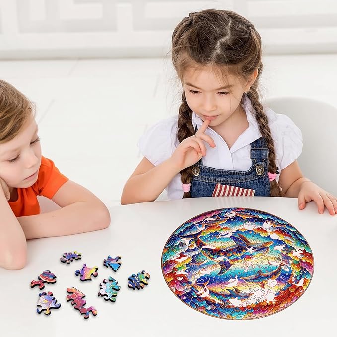 Wooden Puzzle for Adults โ Unique Dolphin-Shaped Jigsaw, Colorful Ocean Animal Design Brain Teaser for Kid & Teen, 220 Pieces, 10"x10", Ships as Whole Puzzle Board, Gift-Ready Box, Fun Family Game