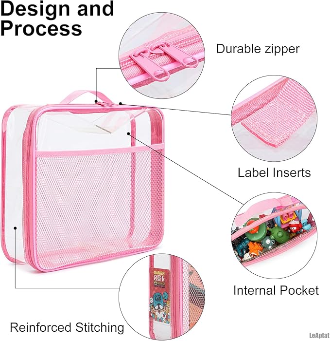 4 Pack Clear PVC Zippered Toy Storage Bags for Toy, Kids Toy, Building Blocks, Puzzle, Clay, Board Game Storage Organizer Travel Waterproof Toy Bag With Name Tag Pocket (Pink, L & S)