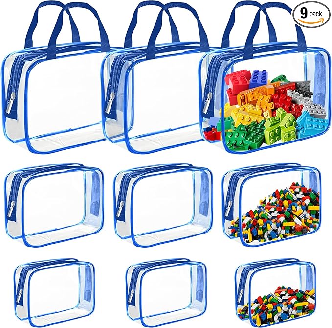 9 Packs Clear PVC Toy Storage Bags Toiletry Bags Waterproof Kids Zippered Toy Organizing Bags for Building Blocks Puzzle Stationery Blue