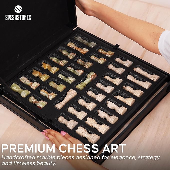 Marble Chess Set 15 Inch Travertine & Green Checkers Board Game with Pieces, 2 Extra Queens and Storage Box, Strategy Set for Adults & Family, Travel, Tabletop Play