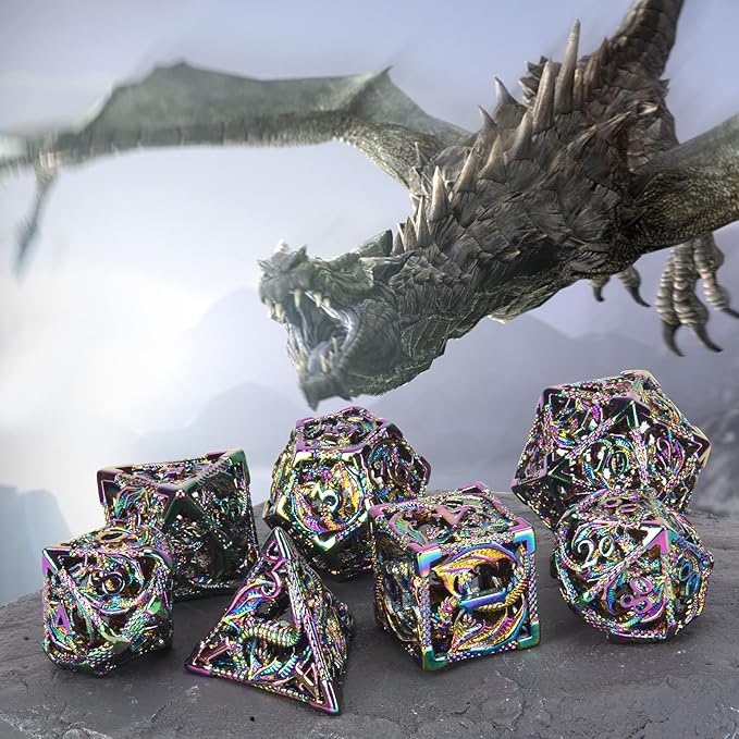 DND Dice,Hollow D&D Metal Dice,Dungeons and Dragons Dice Set with Gift Box,7 PCs Steampunk Polyhedral Dice Games Set for RPG,MTG,Pathfinder,