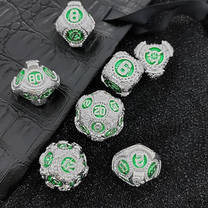 Geakeeper Construct D&D Dice, Metal DND Dice Set, 7Pcs Polyhedral Dragon Metallic D&D Dice with Gift Case for Dungeons and Dragon Game, RPG Role Playing Table Game Gifts (Green Silver)