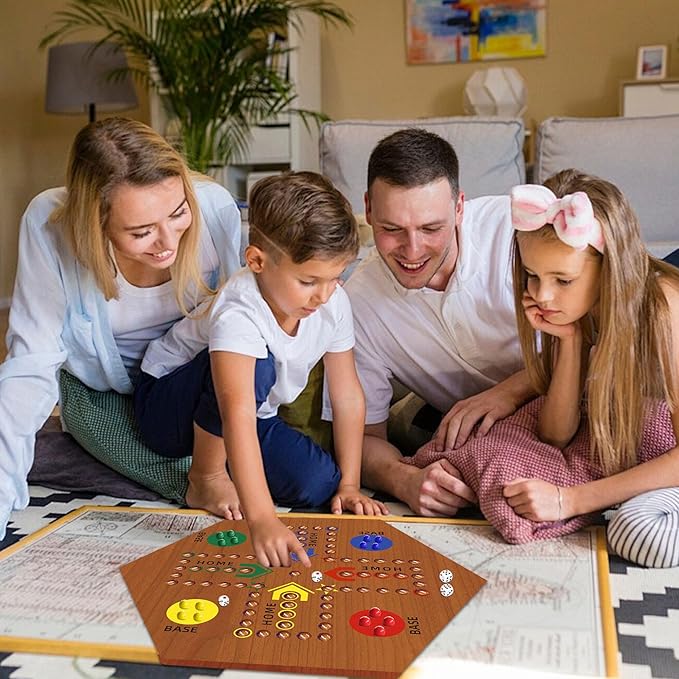 Wooden Board Game, Board Game Original Marble Game Double Sided Painted 2 to 6 Player Fast Track Wooden with 6 Colors 24 Marbles 6 Dice for Adults Kids Family(24 INCH Flame)