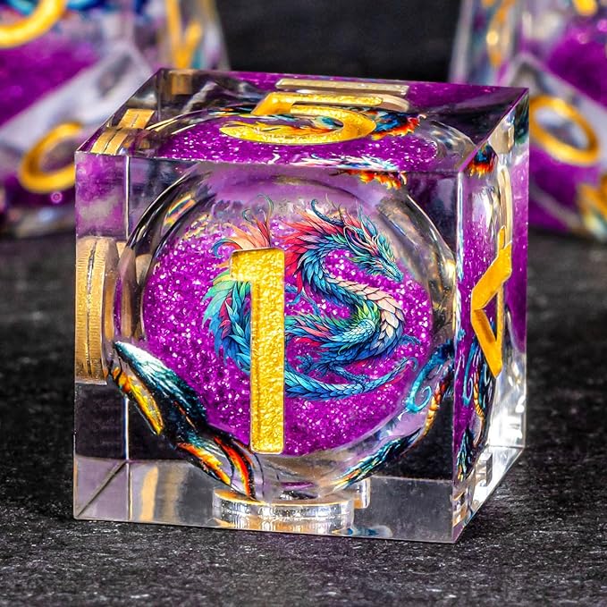 OUKELANWO Liquid Core Dragons Stickers DND Dice Set D&D, 7Pcs Dungeons D and D Role Playing Dice with Gift Box, Resin Sharp Edge Dice D20 D12 D10 D8 D6 D4, Purple Gold